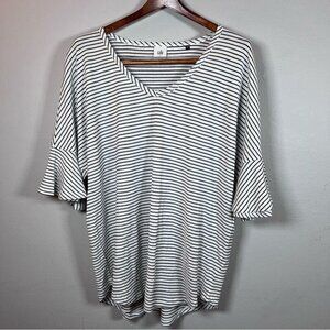 CAbi White and Black Striped V-Neck Flutter Sleeve Top